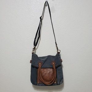 Mona B Admiral convertible fold over purse blue tan canvas shoulder bag